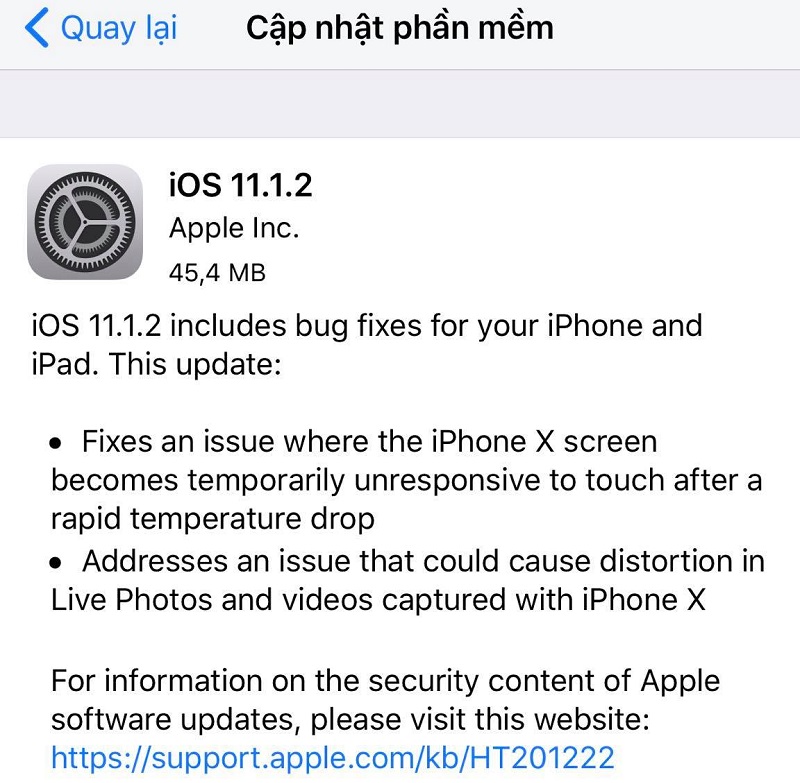 Cập nhật ios 11.1.2